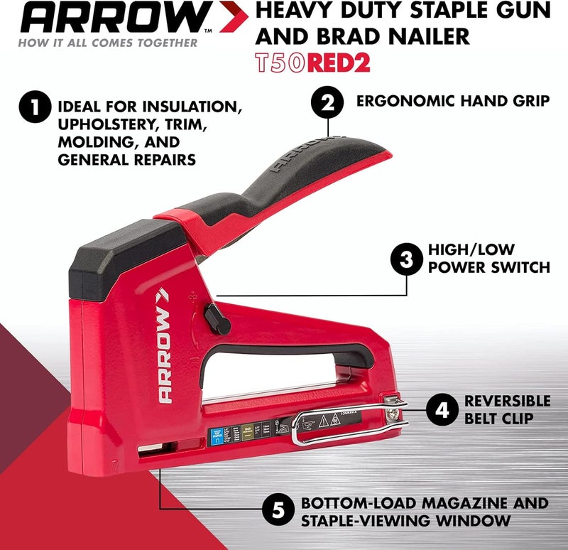 Arrow Fastener Arrow T50RED2 Heavy Duty Manual 2-in-1 Staple Gun and Brad Nailer for Upholstery, Framing, Insulation, Crafts, and Furniture, Red - Image 2